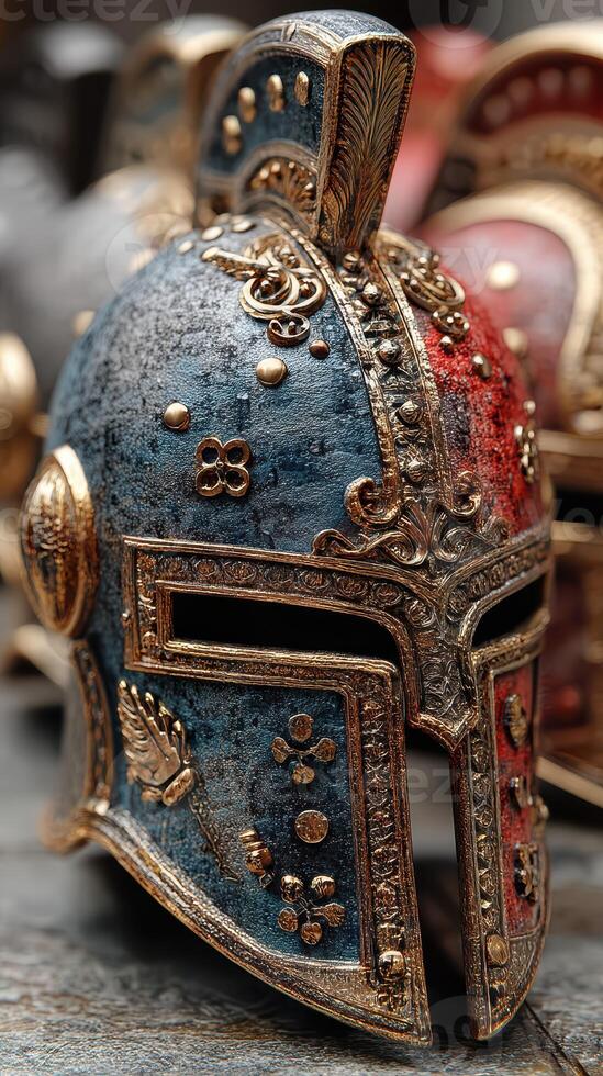 Intricately crafted ancient helmet showcasing detailed metalwork in a historical display photo