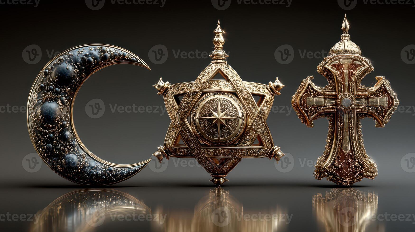 Religious symbols displayed together showcasing intricate designs and craftsmanship in a gallery setting photo