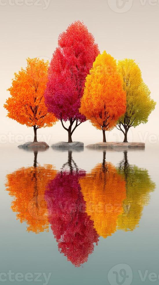 Vibrant autumn trees reflecting in calm water create a stunning natural display at sunset photo
