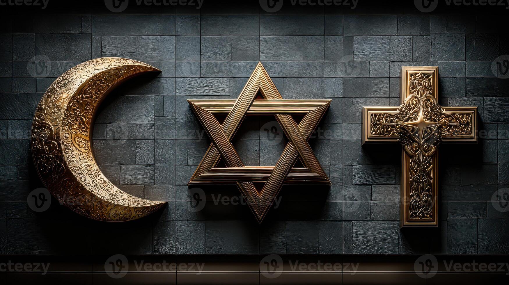 Symbols of faith displayed in elegant design on a textured stone wall photo