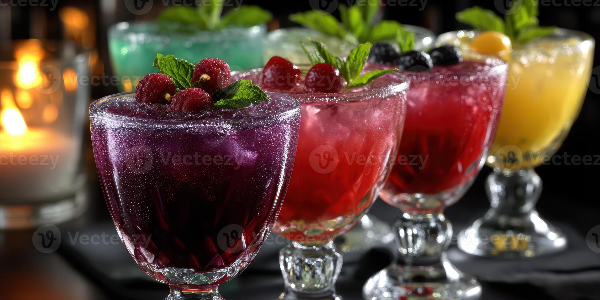 Colorful cocktails displayed on a bar counter at night, showcasing a variety of drinks garnished with fruits and mint leaves photo