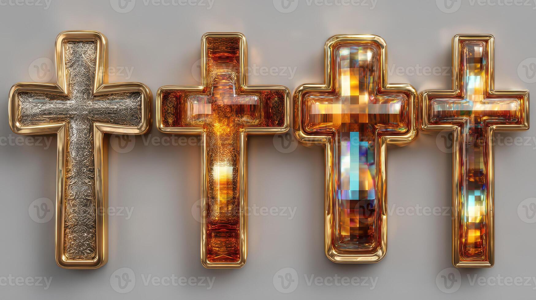 Unique collection of decorative crosses designed with various materials and intricate details displayed together in a captivating arrangement photo