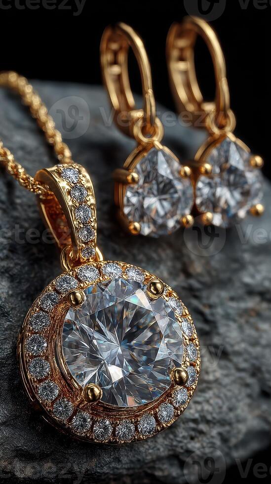Exquisite gold jewelry set featuring a diamond pendant and matching earrings on a textured surface photo