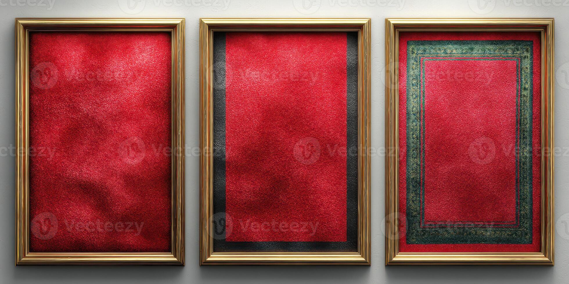 Decorative wall featuring three empty frames with elegant red velvet backgrounds in a stylish gallery photo