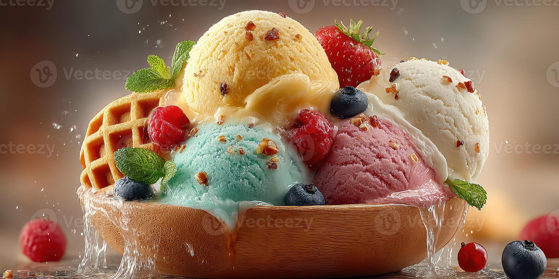 Colorful ice cream sundae topped with fresh fruits and nuts in a wooden bowl photo
