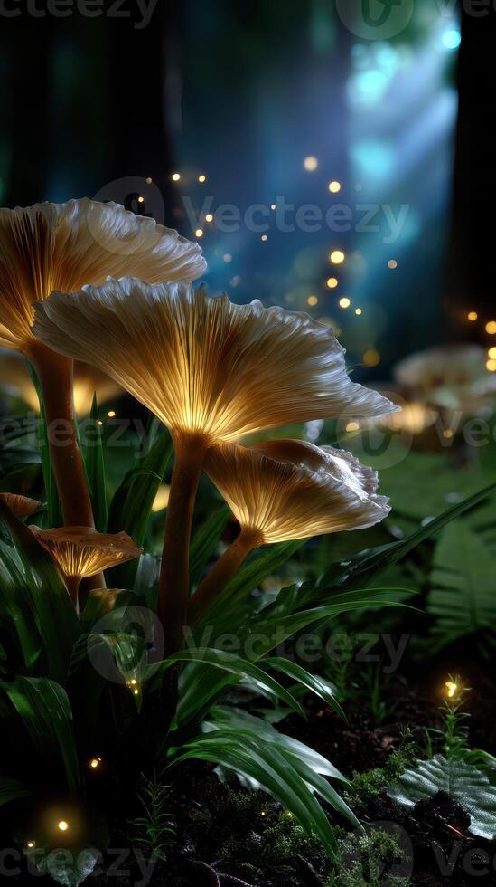 Mushrooms glow softly in a mystical forest at twilight, surrounded by delicate light particles photo