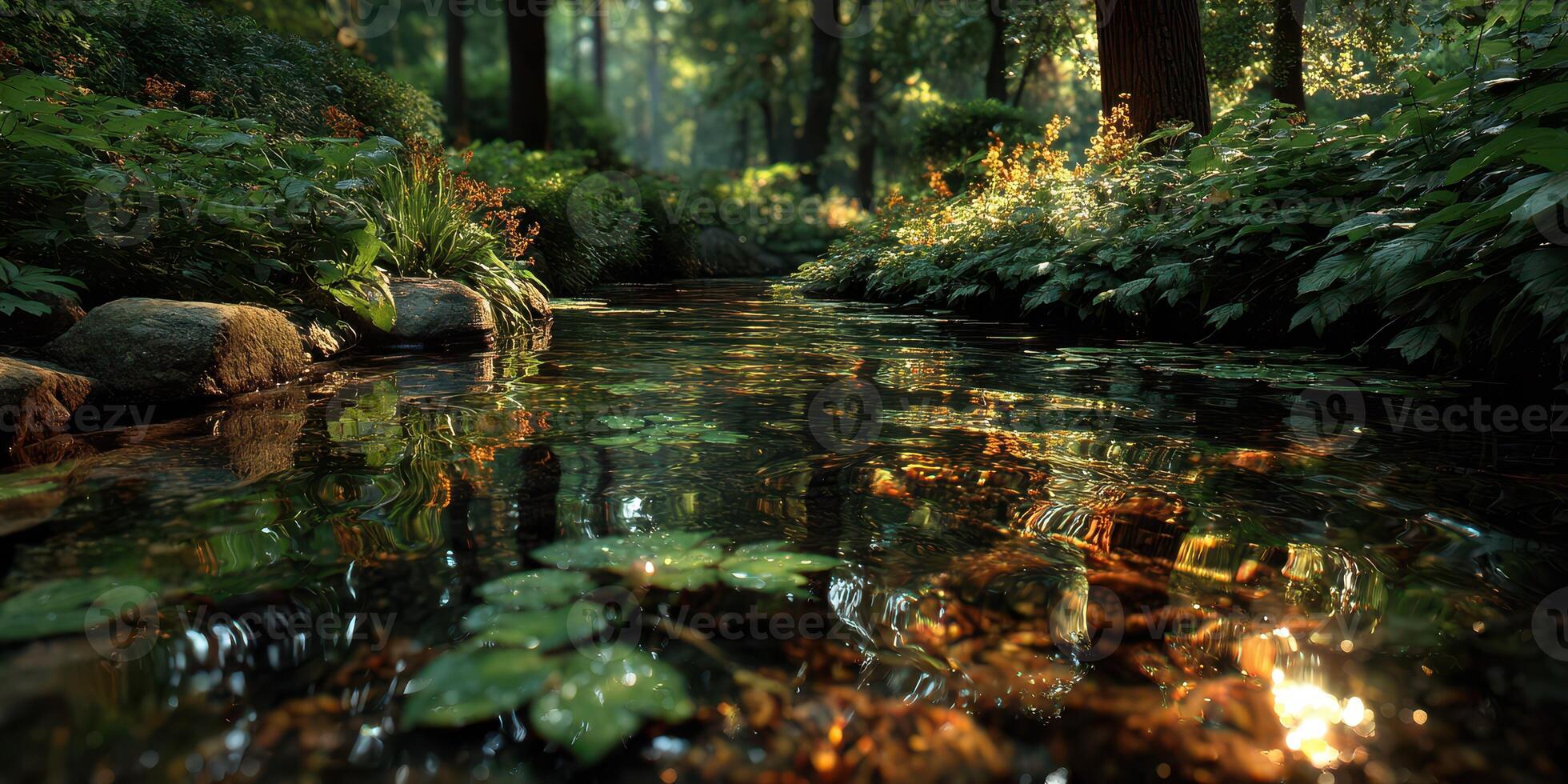 Gentle stream flows through a lush forest with sunlight reflecting on the calm water at midday photo