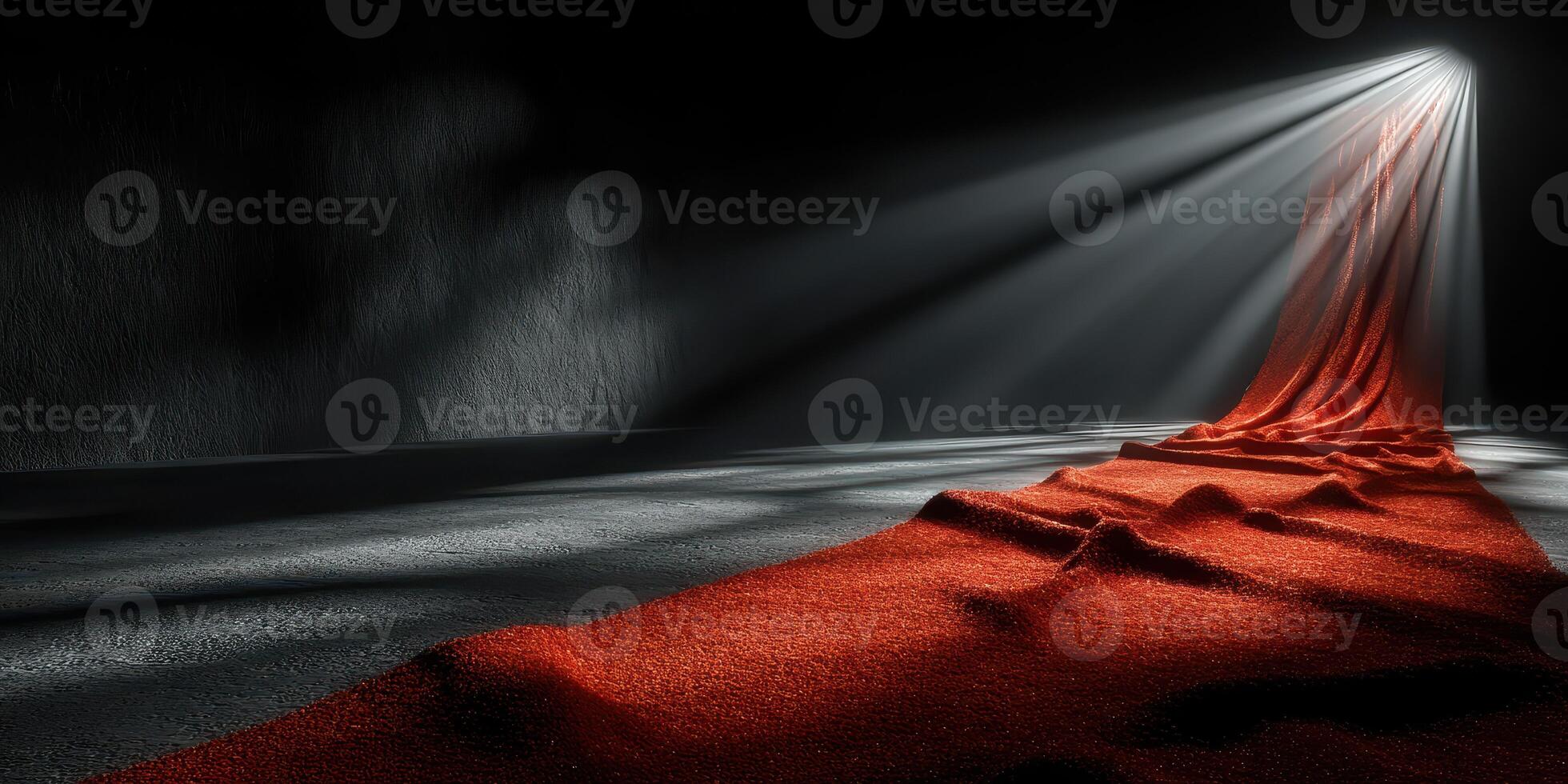 Dramatic red fabric flows along a dimly lit path in an artistic depiction of elegance and mystery photo