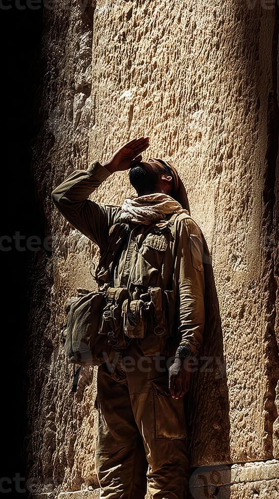 Soldier standing by ancient stone columns in a moment of reflection during sunset photo