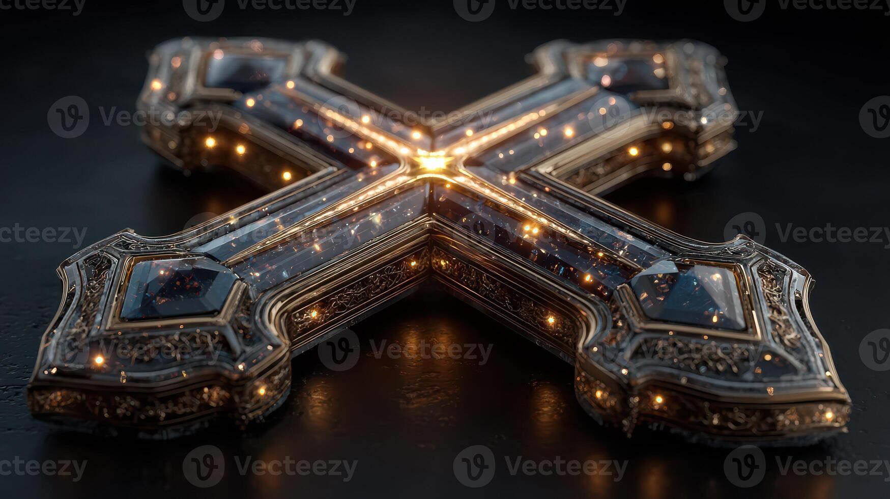 Decorative cross with intricate details and glowing elements displayed on a dark surface photo
