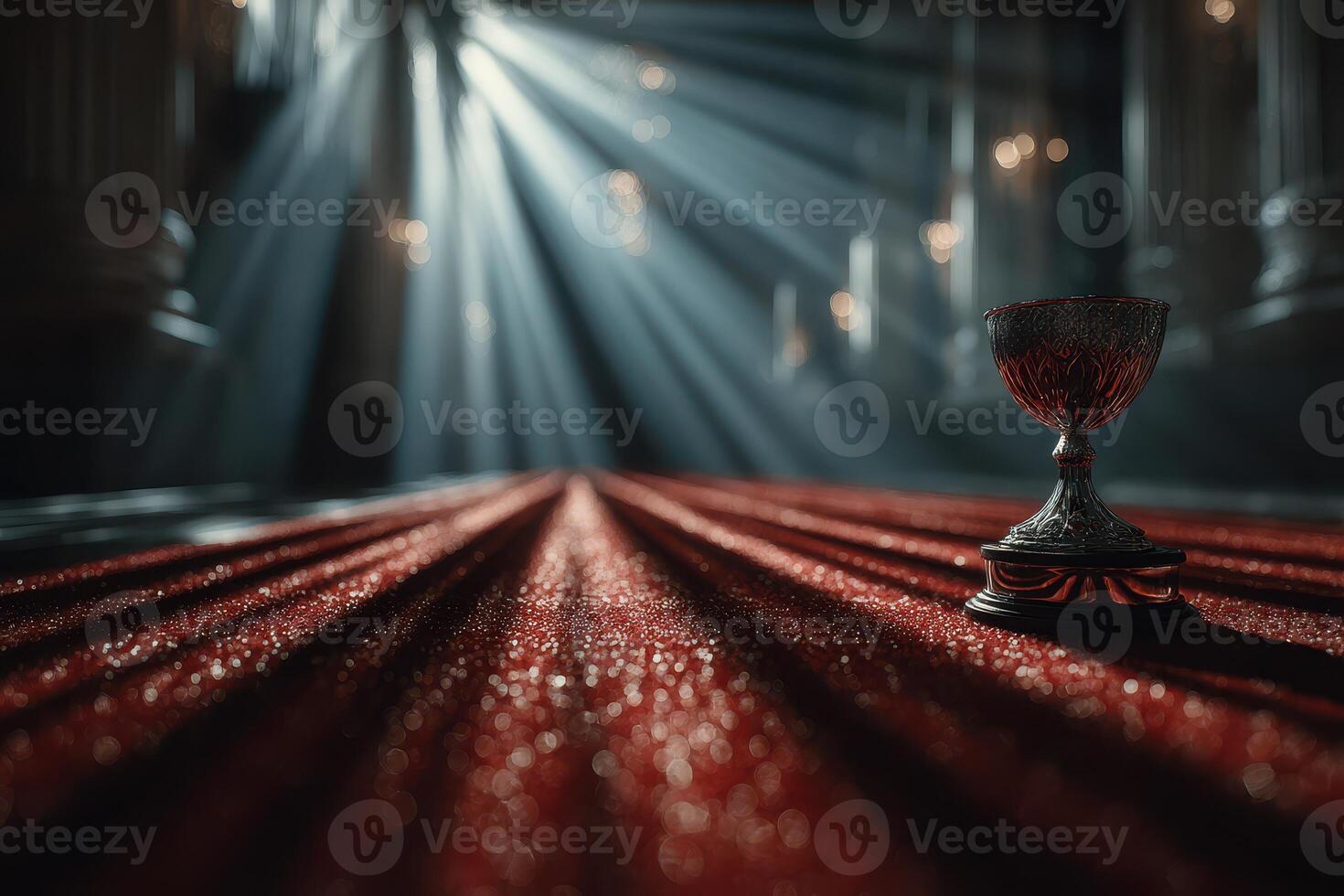 Stunning red velvet drapes with an ornate goblet set against dramatic lighting in an elegant interior space photo