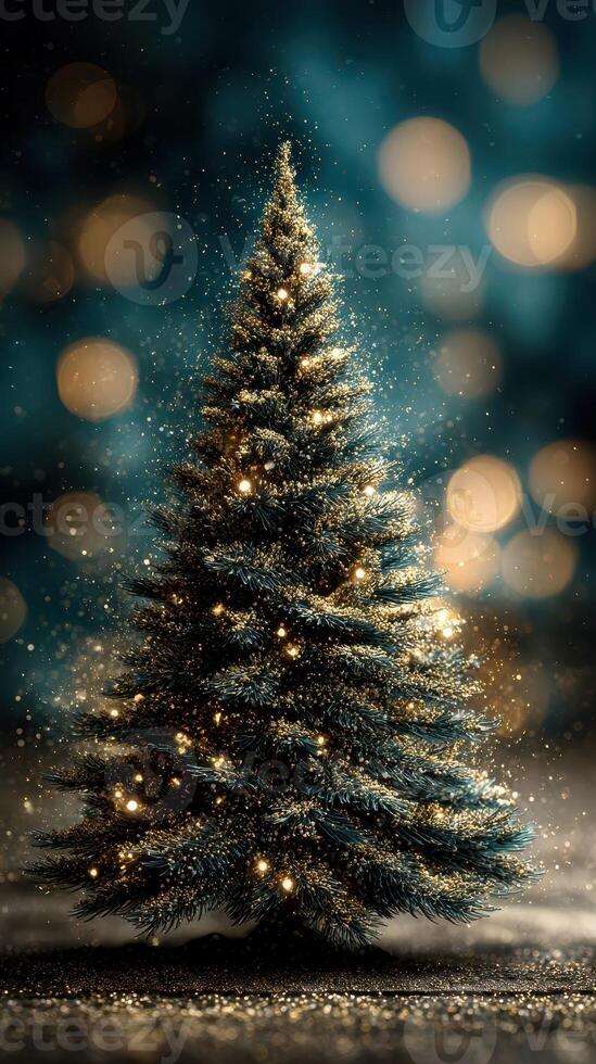 Brightly lit Christmas tree surrounded by soft glowing lights in a winter setting capturing the holiday spirit photo