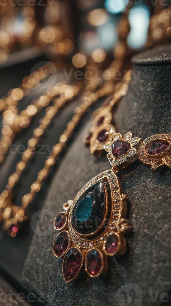 Elegant gold necklace with ornate gemstones displayed in a jewelry shop during the evening hours photo