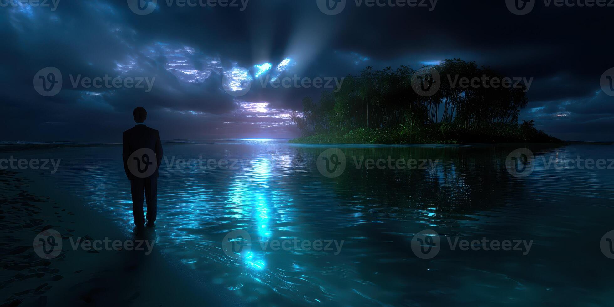 Mysterious figure gazes over tranquil waters towards a distant island under a twilight sky photo
