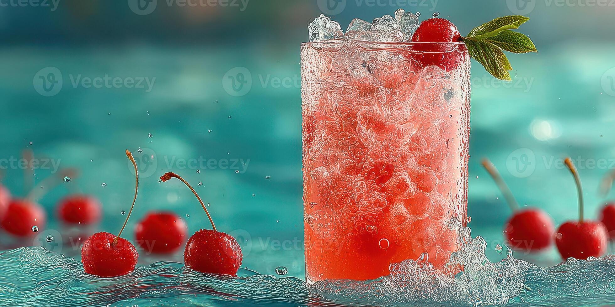 Refreshing cherry drink on a summer day by the pool highlighting relaxing moments photo