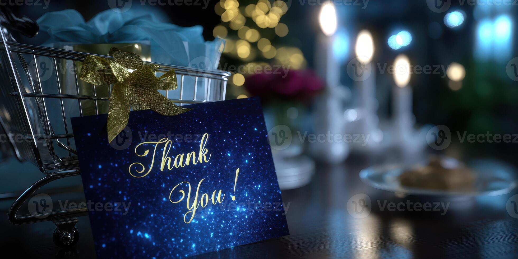 Decorative thank you card placed beside gifts in a cozy indoor setting with festive lights and candles during the holiday season photo