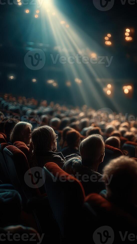 Audience captivated by performance in a theater with dramatic lighting and atmospheric ambiance photo