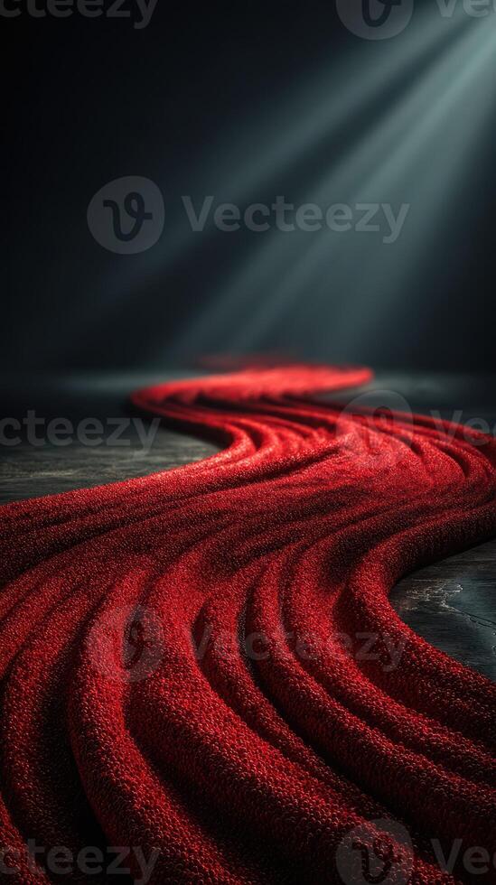Flowing red textile creating a vivid path in dark surroundings with dramatic lighting illuminating the texture photo