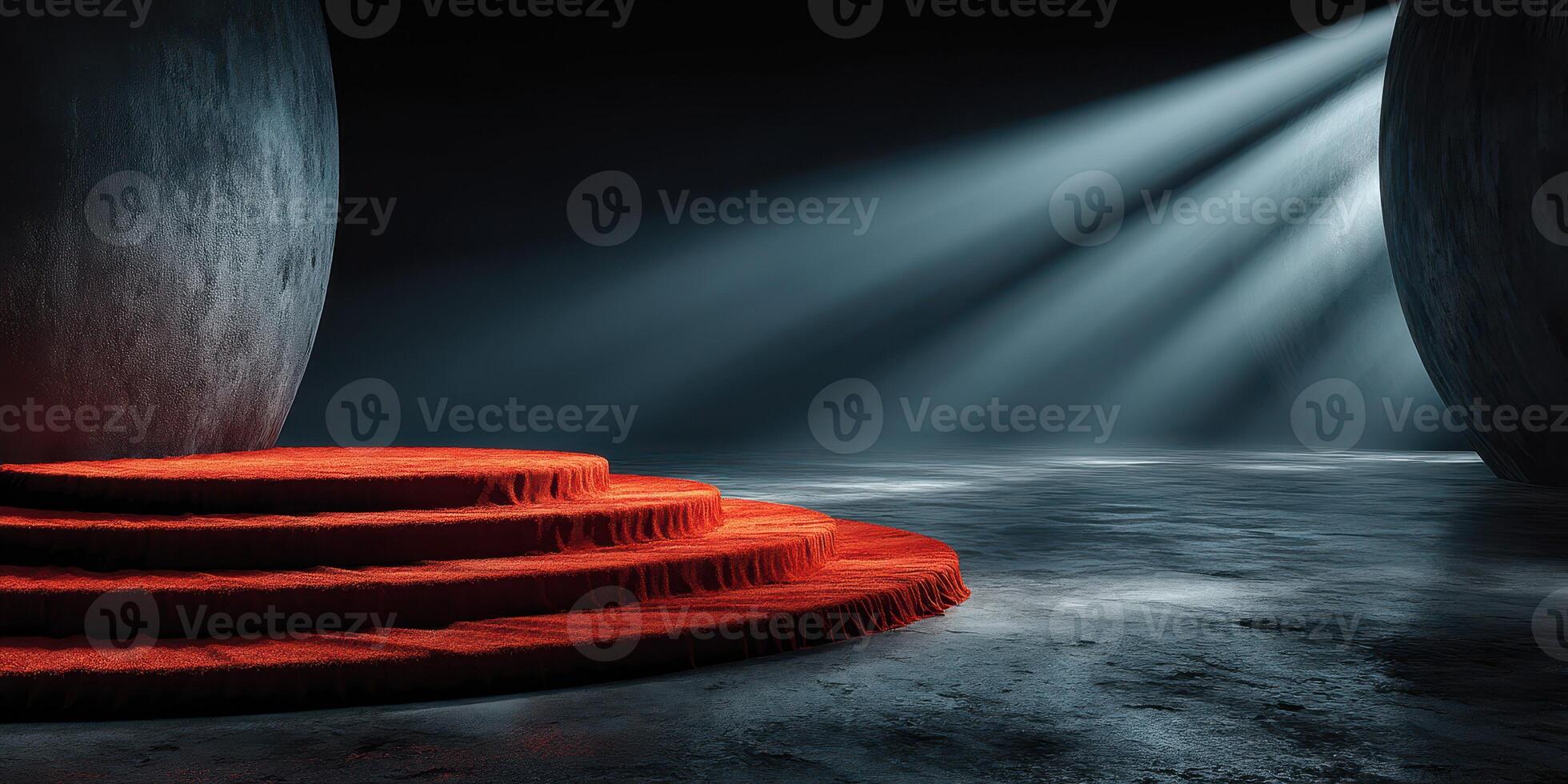 Stunning red carpet on circular steps illuminated by beams of light in a dark, moody atmospheric space photo