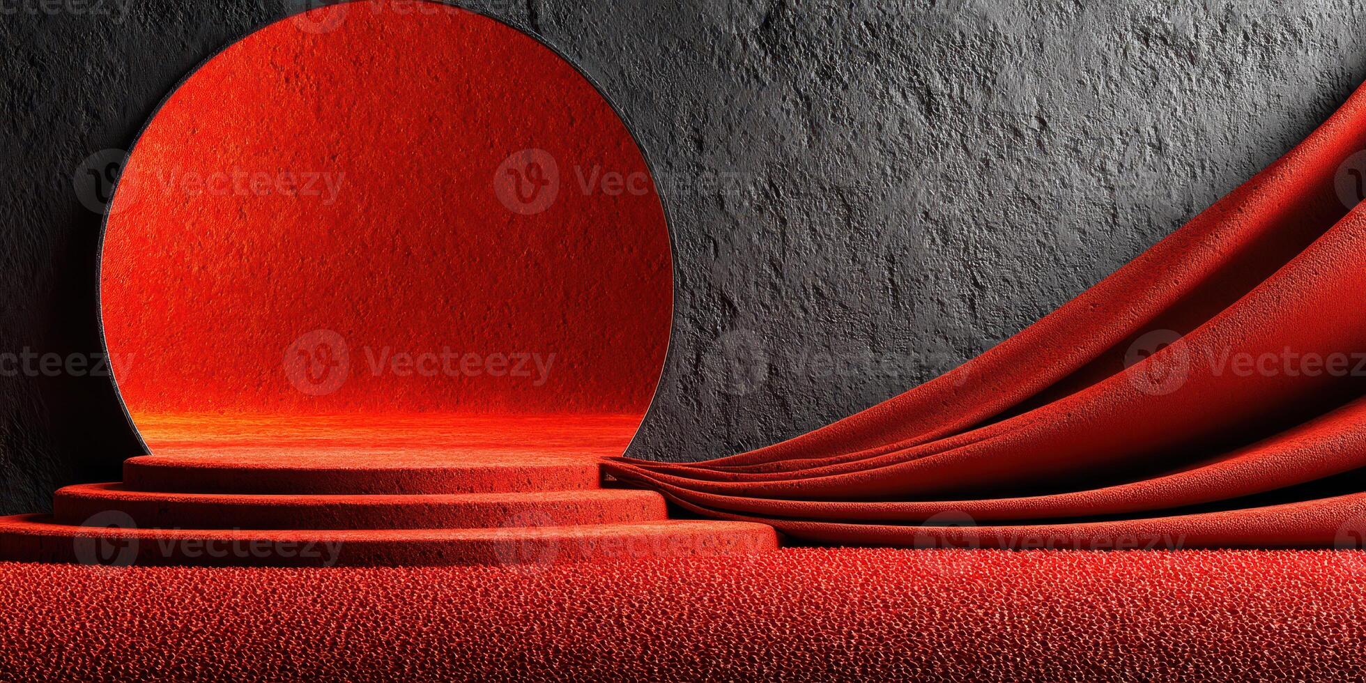Vibrant red circular backdrop with draped fabric in a minimalist studio setting photo