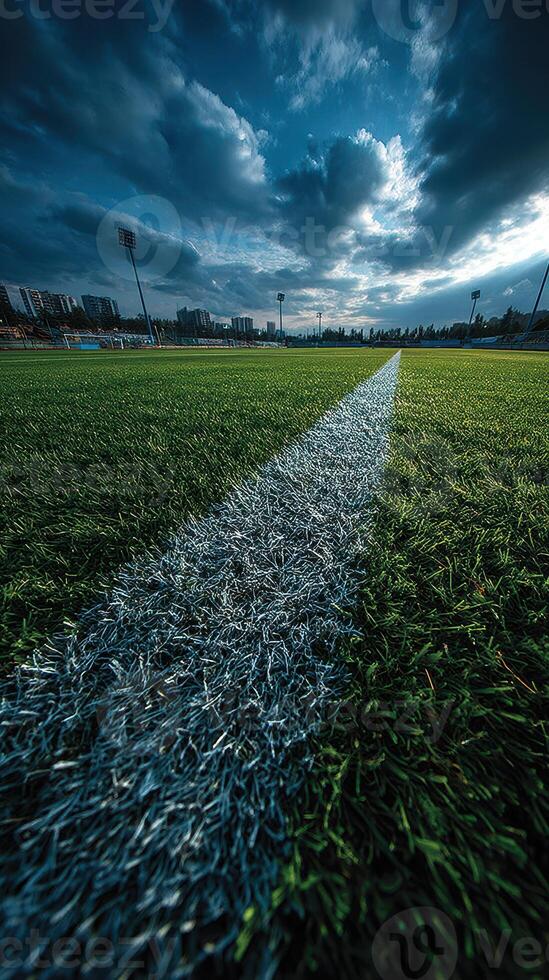 Cloudy sky over a green soccer field with a clear white line marking the boundary at dusk photo