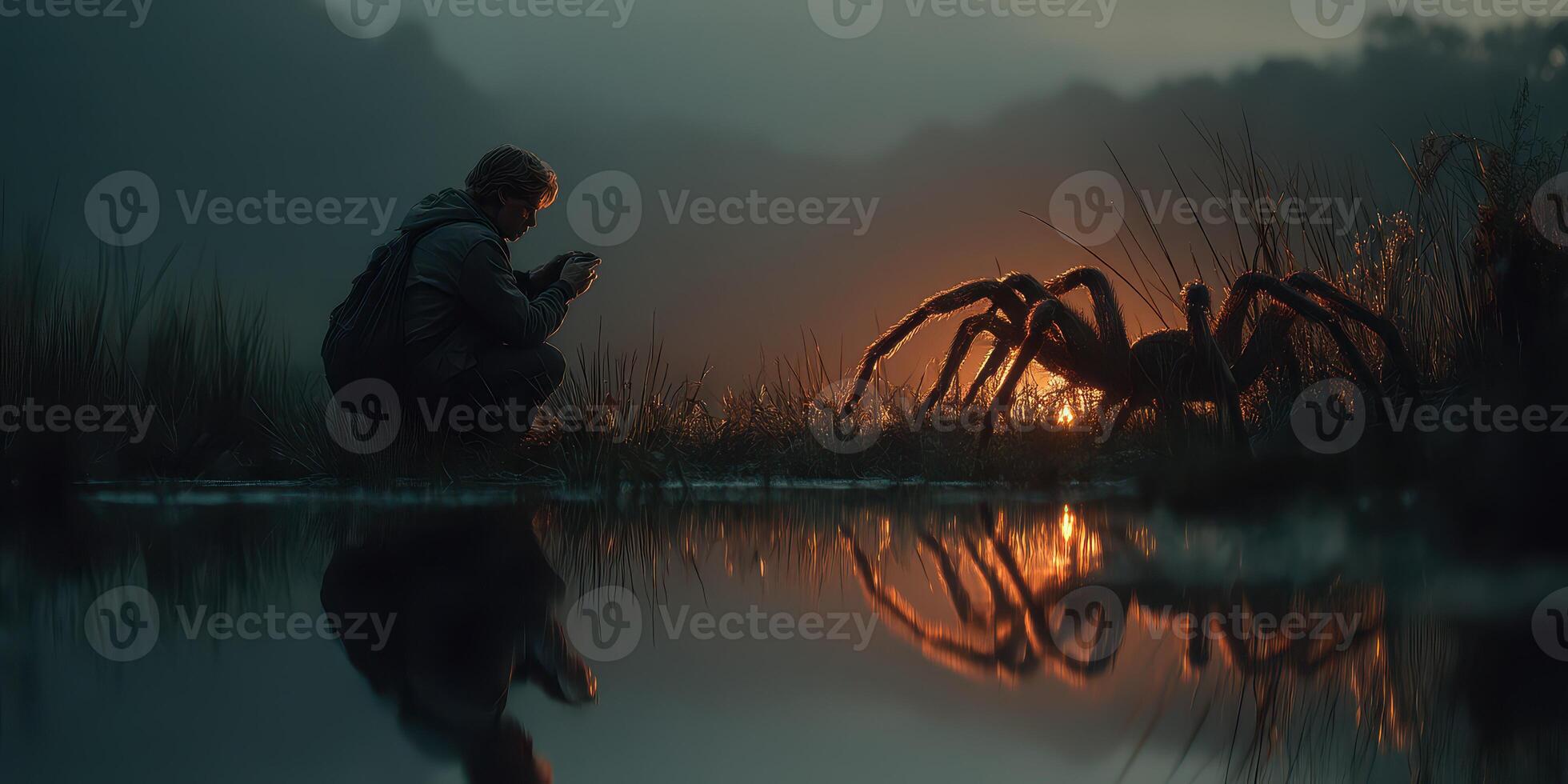 Encounter between a person and a large spider by the water at dusk in a serene landscape photo