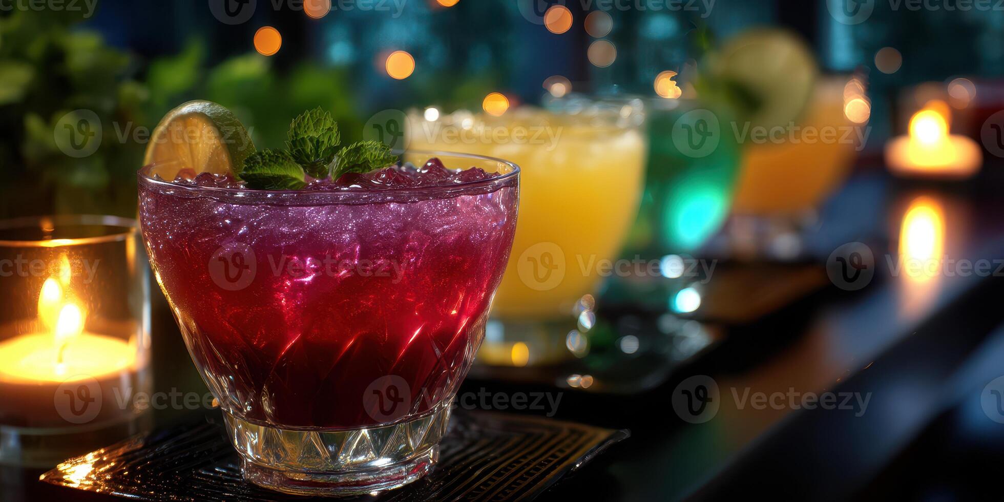 Colorful cocktails presented on a bar during an evening gathering with soft candlelight ambiance photo