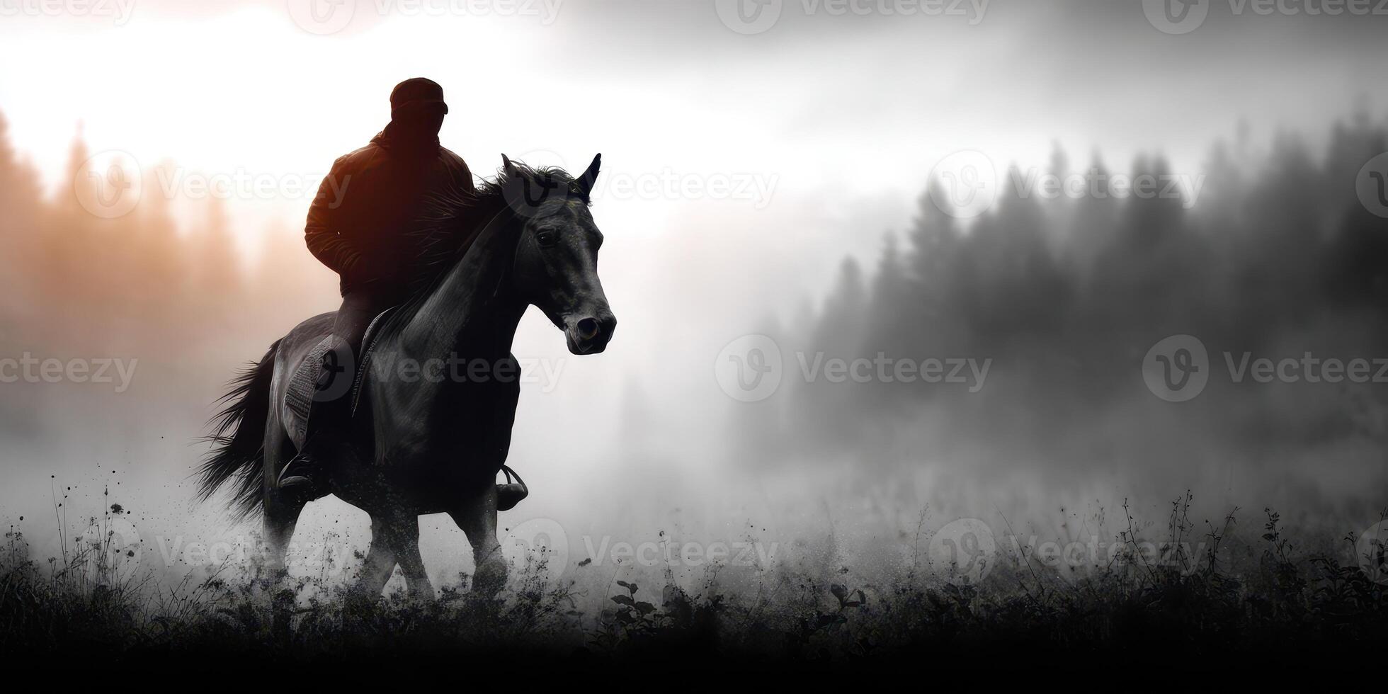 Mysterious rider on horseback exploring foggy forest at dawn near a serene landscape photo
