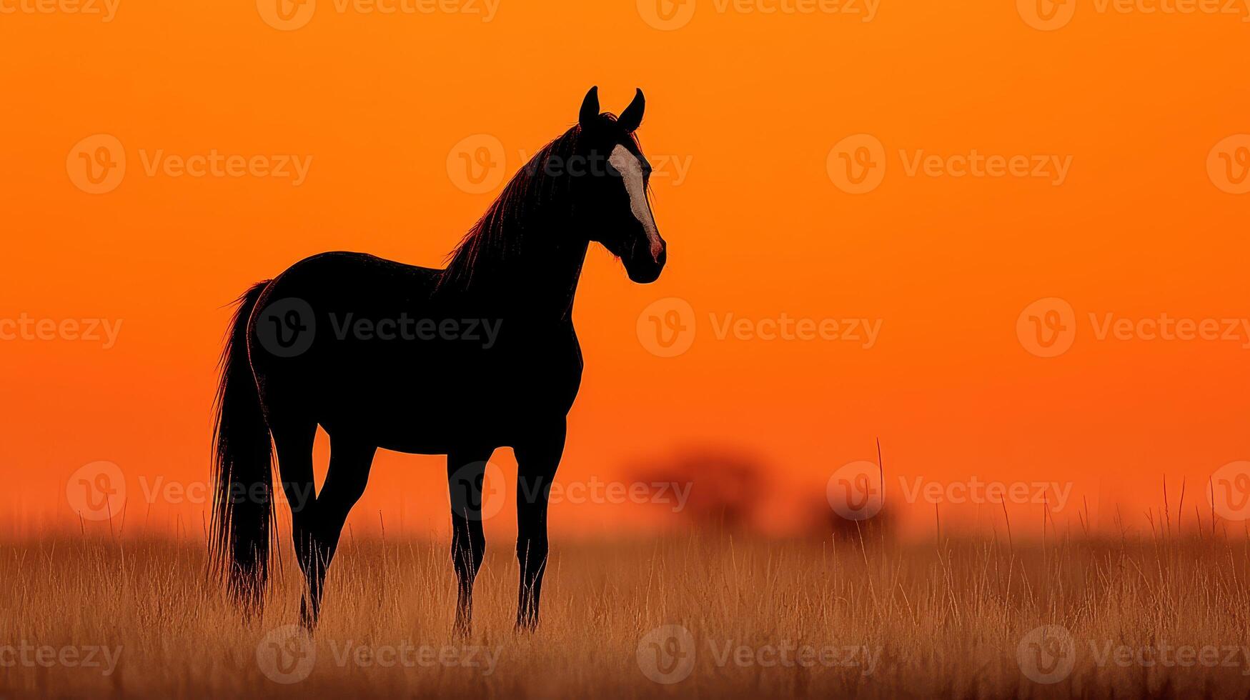 Majestic horse silhouetted against a stunning sunset in an open field with golden grass photo