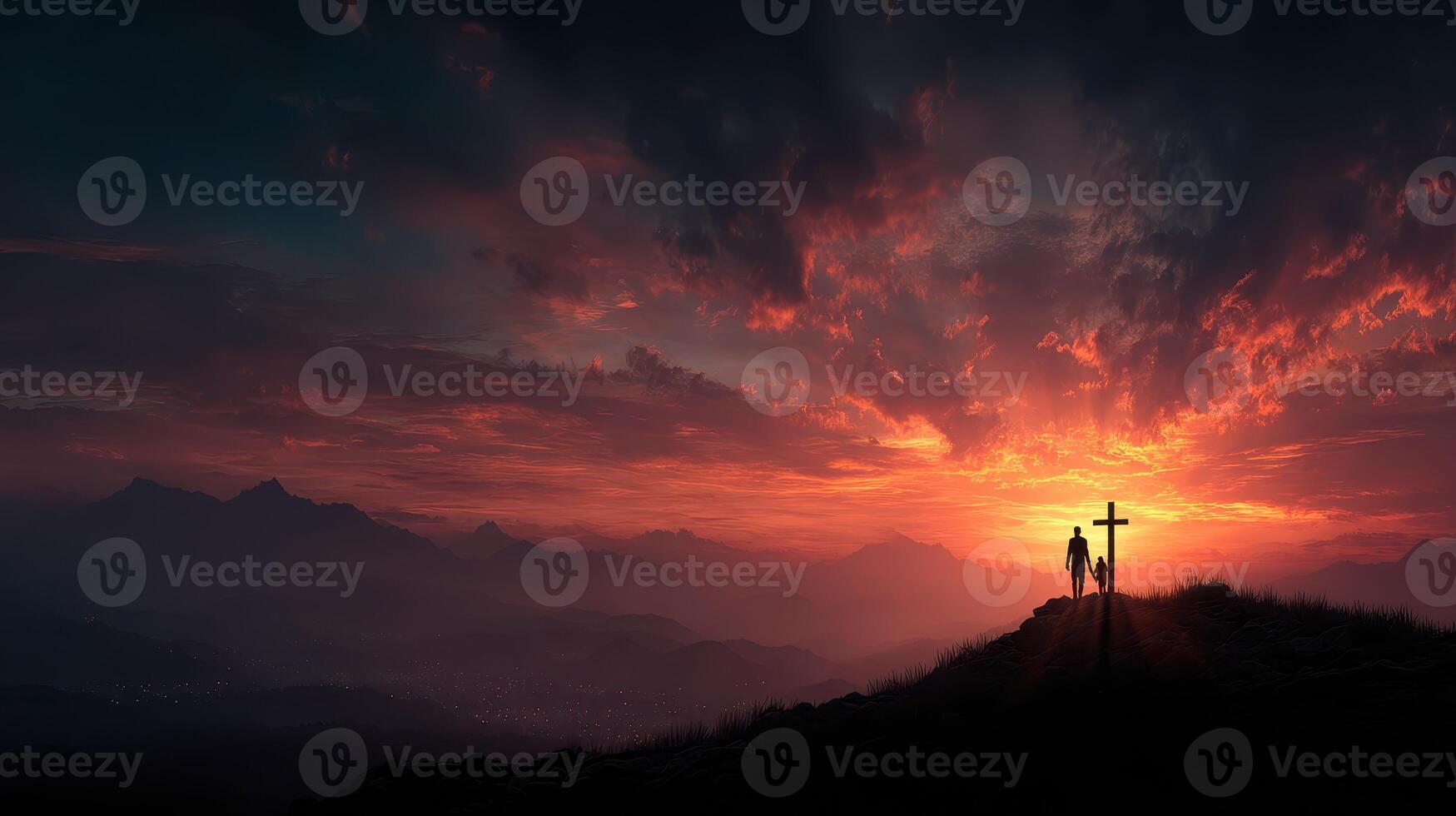 Couple stands together at sunset by a cross on a mountain, enjoying a moment of reflection during a serene evening photo