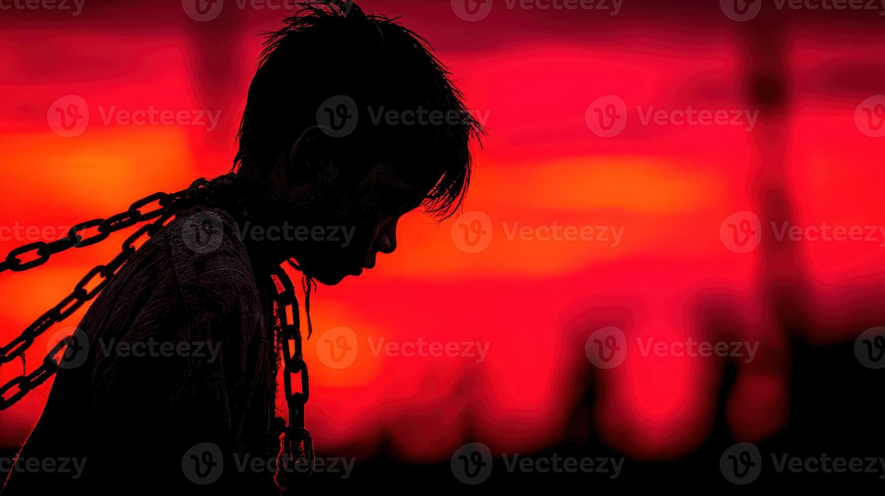 Emotional silhouette of a boy with chains under a vibrant sunset sky in a somber moment photo