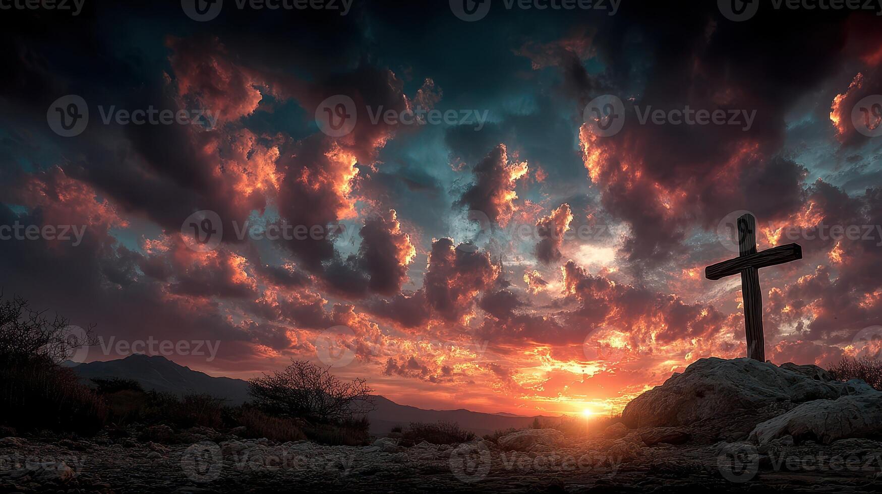 Majestic sunset behind a cross on a rocky landscape with dramatic clouds in the evening sky photo