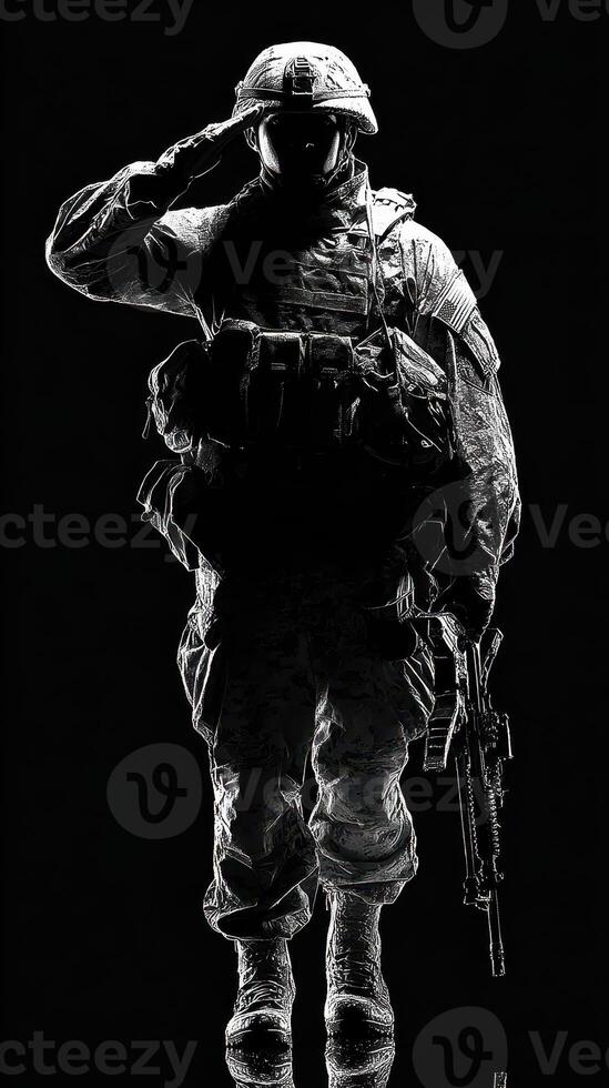 Silhouette of a soldier saluting in a dark environment with a rifle photo