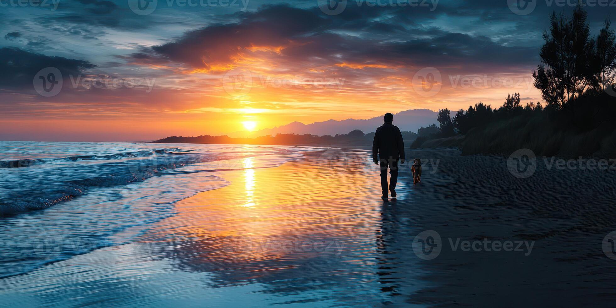 Man and dog walk along a beach at sunset with colorful sky and reflections on water photo