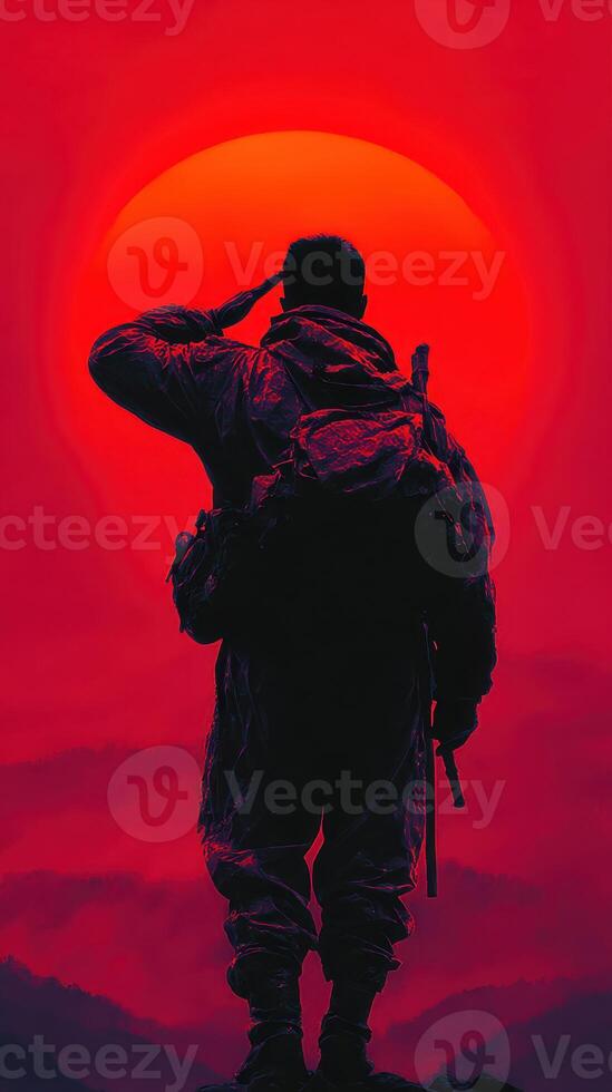 Soldier saluting against a vibrant sunset in a mountainous landscape photo