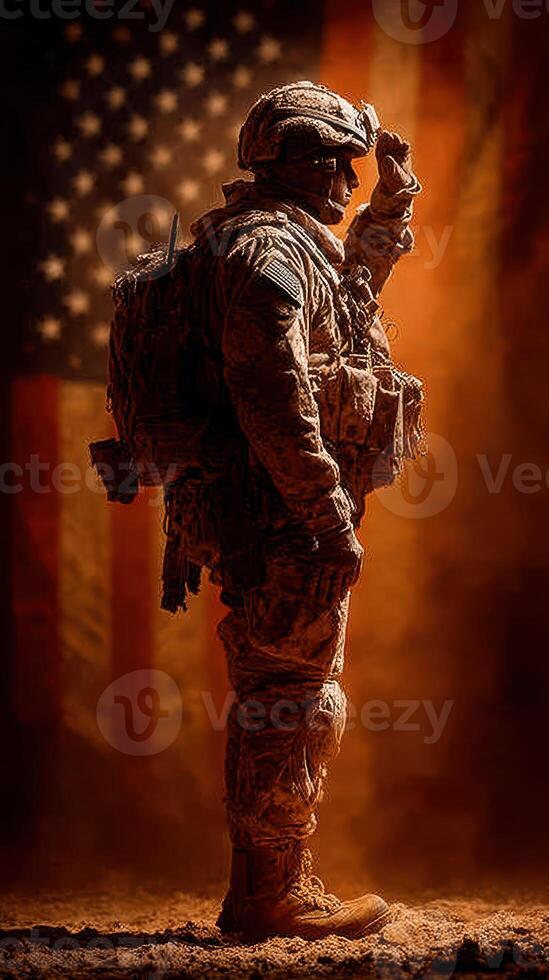 Soldier saluting proudly with American flag backdrop during sunset in a desert environment photo