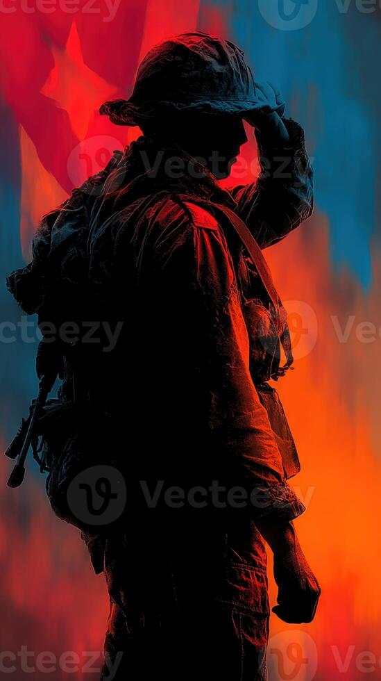 Soldier silhouette against vibrant background showcasing bravery and resilience during a challenging moment in history photo