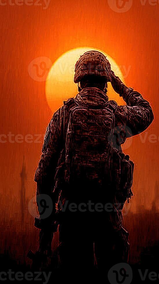 Soldier saluting at sunset in a war-torn city during a meaningful and reflective moment photo