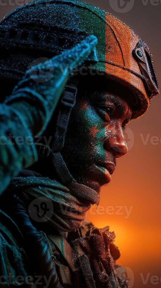 Soldier salutes with determination at sunset in a rugged environment showcasing resolve and honor photo