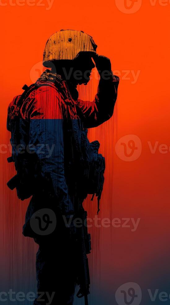 Silhouette of a soldier saluting against a vibrant sunset background in a military setting photo