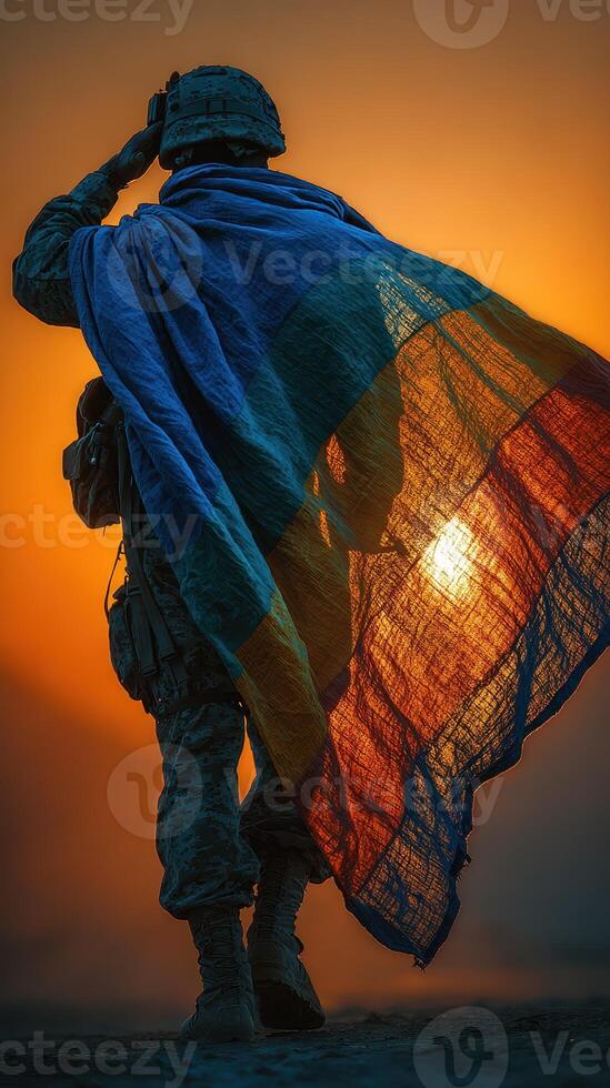 Soldier saluting at sunset wrapped in a colorful blanket captures the essence of bravery and resilience in a military setting photo