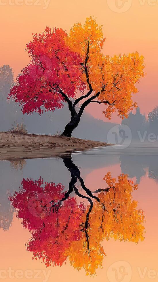 Stunning autumn tree reflects in calm water during sunset at a tranquil lakeside photo