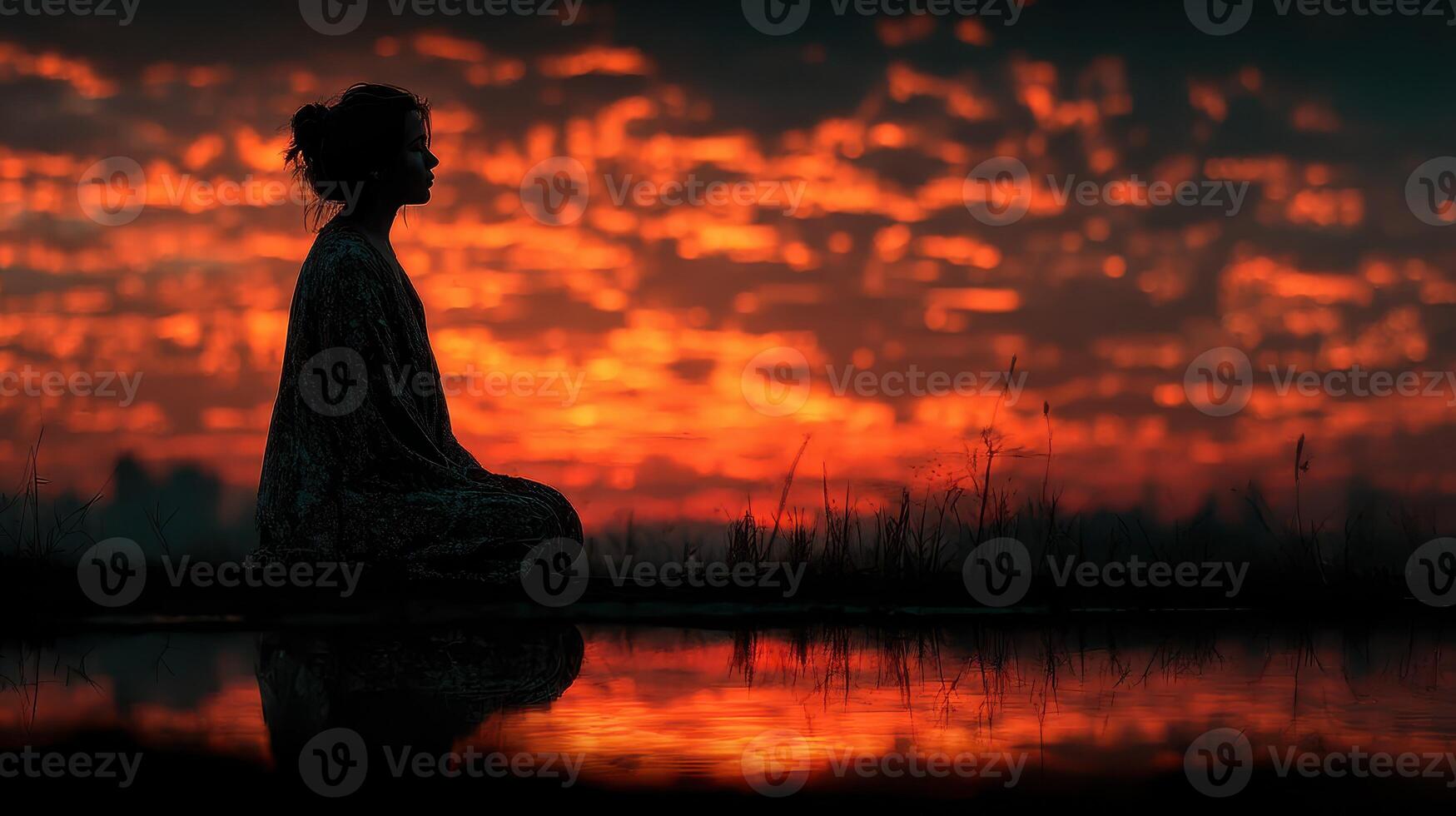 Silhouette of a person meditating at sunset over a serene landscape with reflected colors in the water photo