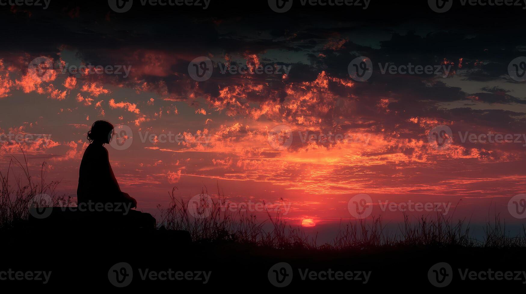 Silhouette of a person meditating against a vibrant sunset sky filled with clouds and colors in a serene outdoor setting photo