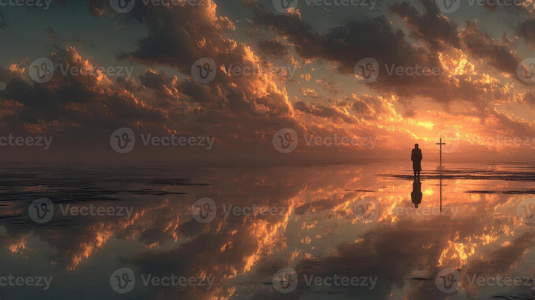 Person standing alone at sunset on a reflective surface with vibrant clouds and warm colors in the sky photo