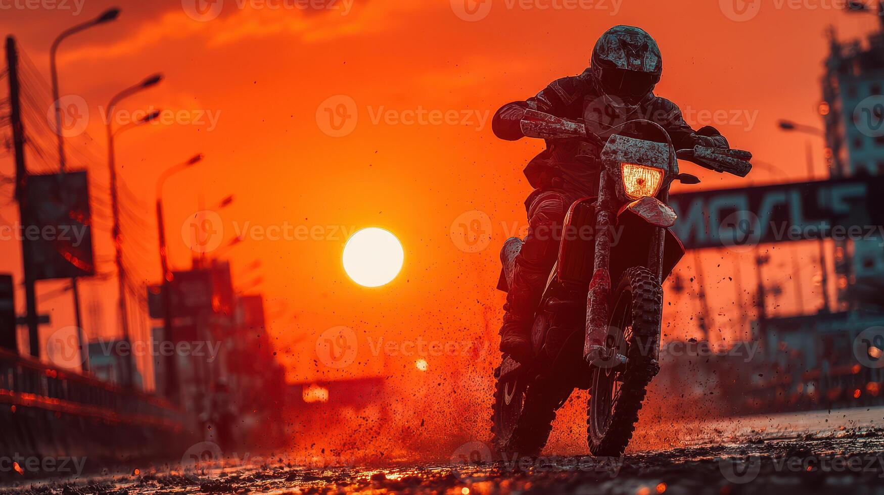 Motorcycle rider performing stunts during sunset on a rain-soaked urban street photo