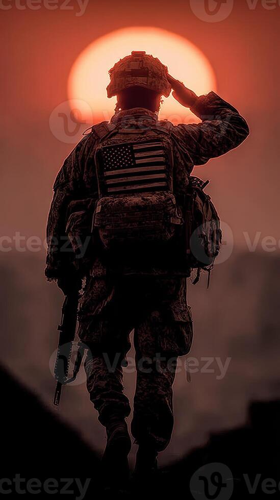 Soldier saluting during sunset in a military setting showcasing patriotism and bravery photo