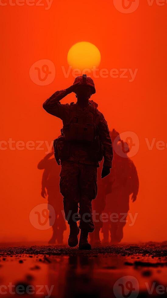 Soldiers march in formation at sunset with orange haze in the background, creating a striking silhouette effect photo