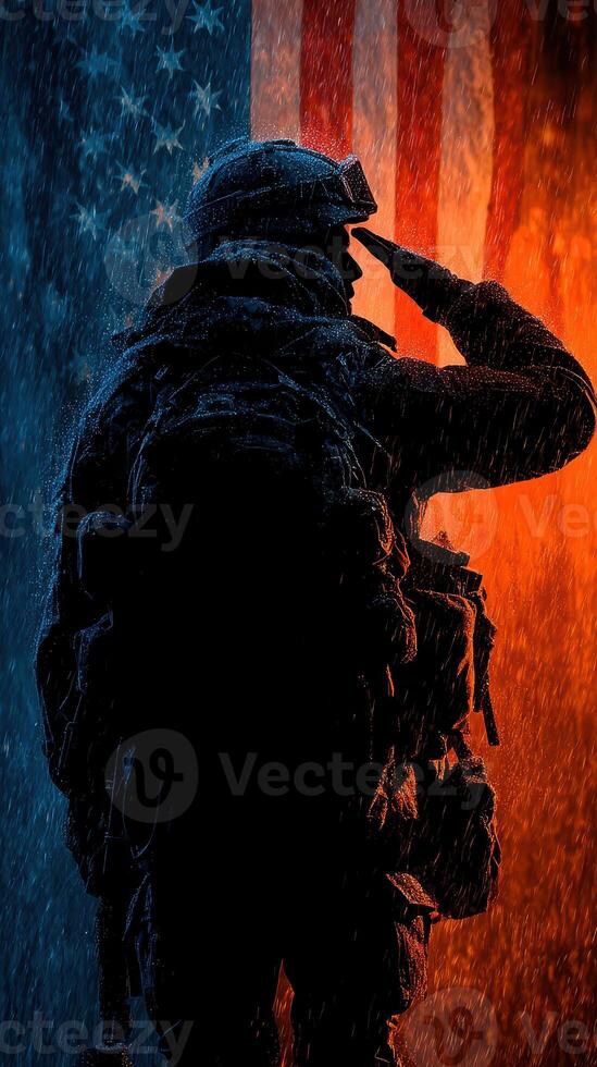 Soldier saluting against a backdrop of an American flag illuminated in dramatic colors photo