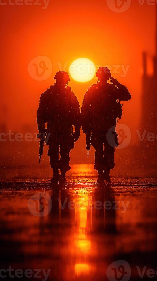 Soldiers salute as the sun sets over the horizon during a mission at dusk in an urban environment photo